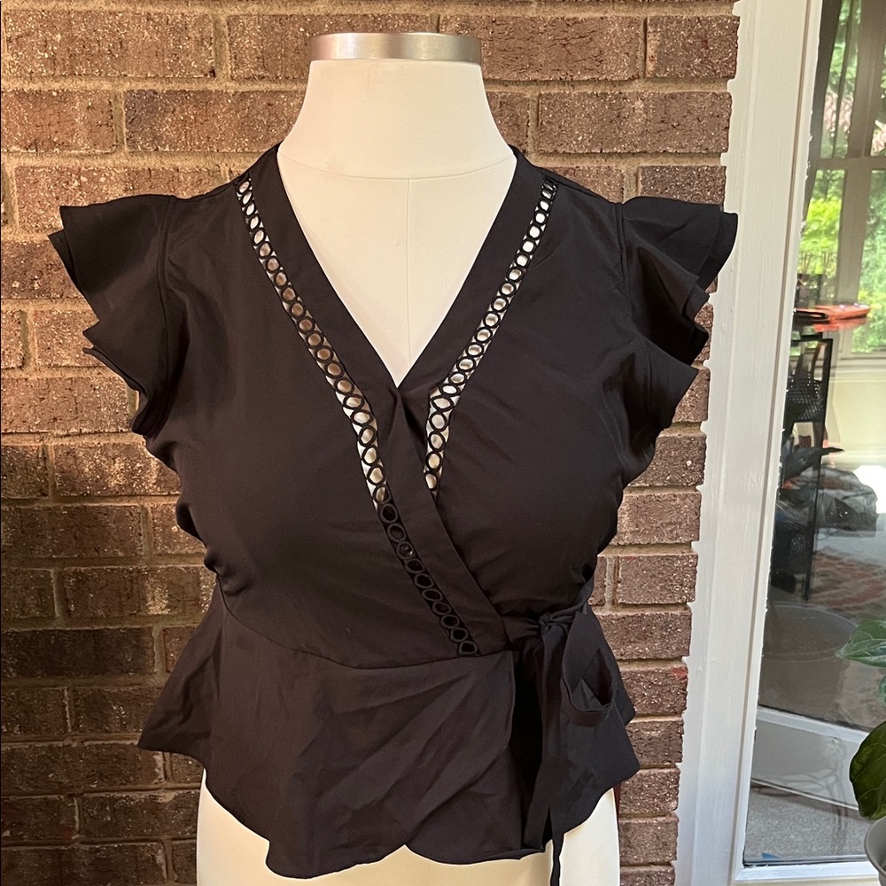 Milk & Honey Faux Wrap Black Ruffle Sleeve and Eyelet Blouse XL